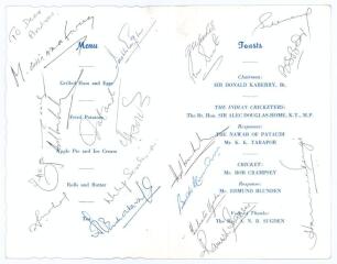 India tour to England 1967. Official folding menu for the dinner given by the Northern Cricket Society to &lsquo;The Indian Cricketers&rsquo; held at Leeds, 7th June 1967. Signed to the centre Menu and Toasts pages by seventeen attendees, including sixteen of the Ind