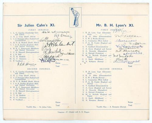 &lsquo;Grand Cricket Match for Tom Goddard&rsquo;s Benefit. Sir Julien Cahn&rsquo;s Eleven v Mr B.H. Lyon&rsquo;s Eleven 1936&rsquo;. Official folding card programme with scorecard to centre pages for the match played at The Stinchcombe Stragglers Ground at Stinchcombe (Gloucestershir