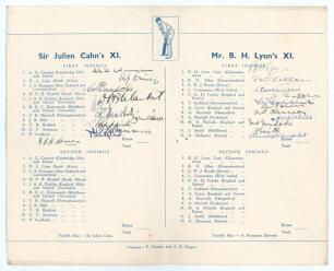 &lsquo;Grand Cricket Match for Tom Goddard&rsquo;s Benefit. Sir Julien Cahn&rsquo;s Eleven v Mr B.H. Lyon&rsquo;s Eleven 1936&rsquo;. Official folding card programme with scorecard to centre pages for the match played at The Stinchcombe Stragglers Ground at Stinchcombe (Gloucestershir