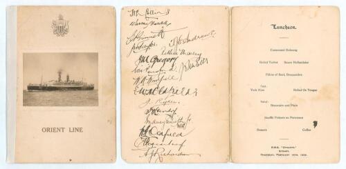 Australian Tour of England 1926. Official Orient Line &lsquo;R.M.S. Otranto&rsquo; folding menu for Luncheon given on board &lsquo;Thursday, February 16th 1926&rsquo;, the ship bringing the Australian touring team to England for the Ashes tour. The folding menu with photographic