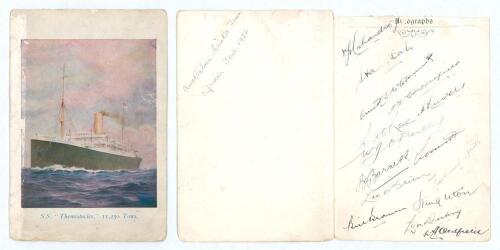 Australia tour to South Africa 1935/36. Official folding card with colour illustration to front of the S.S. &lsquo;Themistocles&rsquo; ship on which the touring party returned to Australia from South Africa. Signed in ink to the inside &lsquo;Autographs&rsquo; page by all fiftee