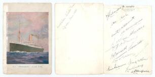 Australia tour to South Africa 1935/36. Official folding card with colour illustration to front of the S.S. &lsquo;Themistocles&rsquo; ship on which the touring party returned to Australia from South Africa. Signed in ink to the inside &lsquo;Autographs&rsquo; page by all fiftee