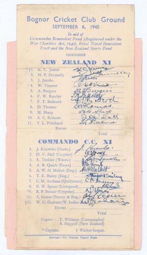 New Zealand XI v Commando XI 1945. Single sheet card war-time programme for the match played at Bognor Cricket Club Ground on the 6th September 1945. The card card with printed details of the team in blue, signed by all the players featured in ink. For Ne