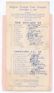 New Zealand XI v Commando XI 1945. Single sheet card war-time programme for the match played at Bognor Cricket Club Ground on the 6th September 1945. The card card with printed details of the team in blue, signed by all the players featured in ink. For Ne