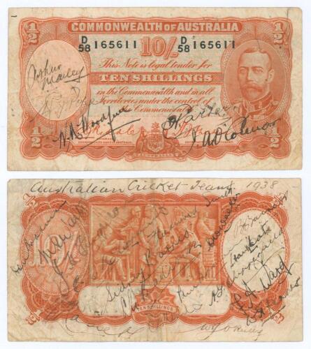 Australian Tour of England 1938. Original ten shilling bank note signed in ink to one side by fifteen members of the touring party. Signatures are, reading roughly left to right Don Bradman (Cpt), Waite, Fingleton, McCormick, Hassett, Barnes, Fleetwood-Sm