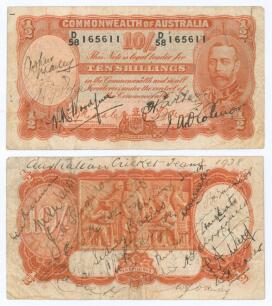 Australian Tour of England 1938. Original ten shilling bank note signed in ink to one side by fifteen members of the touring party. Signatures are, reading roughly left to right Don Bradman (Cpt), Waite, Fingleton, McCormick, Hassett, Barnes, Fleetwood-Sm