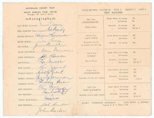Australia tour to South Africa 1957/58. Official folding card issued on board the Shaw Savill Line Q.S.M.V. &lsquo;Dominion Monarch&rsquo; at Cape Town. The front cover with colour illustration of a pair of kingfishers. The inside front cover with printed title, &lsquo;Aus