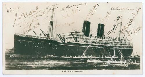M.C.C. tour of India, Burma and Ceylon 1926/27. First English cricket tour of the sub continent since 1902/03. Large format mono real photograph postcard of the P&O liner, &lsquo;R.M.S. Ranpura&rsquo;. Published by the Ocean Trading Co., Southampton. Signed in black 