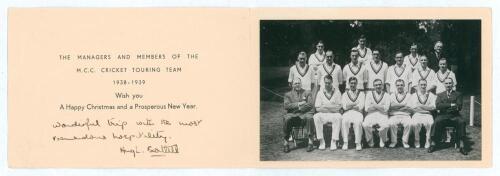 Hugh Tryon Bartlett. Surrey, Cambridge University & Sussex 1933-1949. Official M.C.C. 1938/39 Christmas card from the &lsquo;Timeless Test&rsquo; tour with cover image of a map showing England and South Africa with emblem of M.C.C. and South Africa. To inside a photo