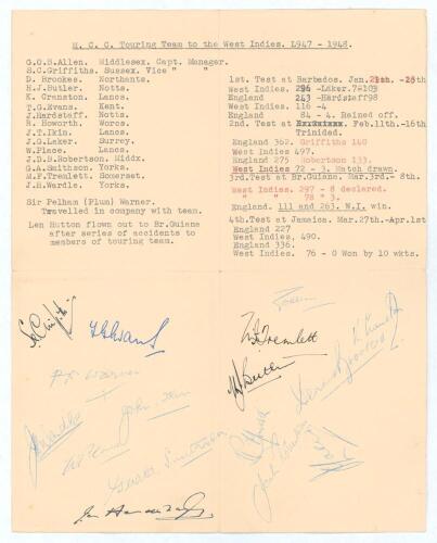 M.C.C. tour of the West Indies 1947/48. M.C.C. folding Christmas card with M.C.C. emblem in red to cover and image of &lsquo;Old Father Time&rsquo; to inside, signed &lsquo;From Lord&rsquo;s Cricket Ground&rsquo; in ink to inside. The card is folded into four and to the inside, once u