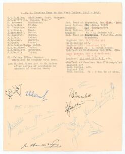 M.C.C. tour of the West Indies 1947/48. M.C.C. folding Christmas card with M.C.C. emblem in red to cover and image of &lsquo;Old Father Time&rsquo; to inside, signed &lsquo;From Lord&rsquo;s Cricket Ground&rsquo; in ink to inside. The card is folded into four and to the inside, once u