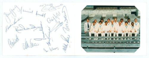 World Series Cricket World XI. Australia 1977/78. Official Christmas card with a colour photograph of the World XI in cricket attire to front, &lsquo;Seasons Greetings&rsquo; printed to centre. Fully signed in ink to the verso by the fourteen featured players. Signat