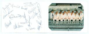 World Series Cricket World XI. Australia 1977/78. Official Christmas card with a colour photograph of the World XI in cricket attire to front, &lsquo;Seasons Greetings&rsquo; printed to centre. Fully signed in ink to the verso by the fourteen featured players. Signat