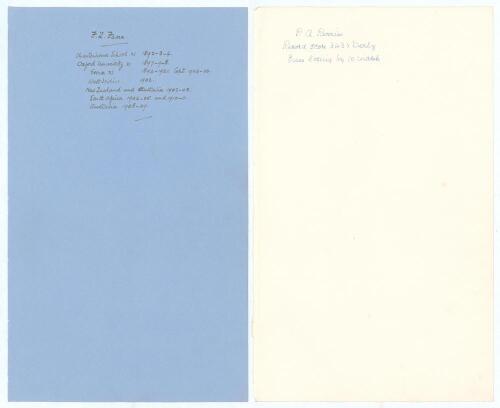 Frederick Fane and Percy Perrin. Essex C.C.C. Two sheets of large &lsquo;ledger&rsquo; size paper (9.5&rdquo;x15.5&rdquo;), each very nicely signed in ink to the top of the page by the featured player who has then proceeded to write his career highlights below. One sheet is for 