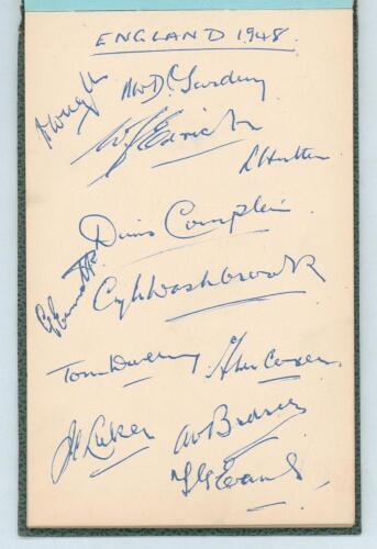 Test and county team signatures 1948. Large green autograph book containing the nicely signed ink signatures of the England and Australia Test teams, the Gentlemen and Players teams and eight county teams from 1948. The England page signed by twelve playe