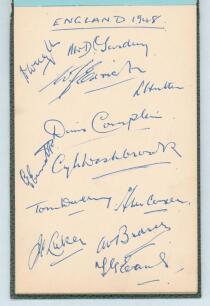 Test and county team signatures 1948. Large green autograph book containing the nicely signed ink signatures of the England and Australia Test teams, the Gentlemen and Players teams and eight county teams from 1948. The England page signed by twelve playe