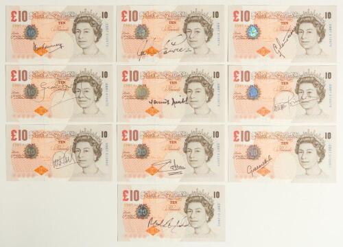 Century of Centuries. Ten original Bank of England &pound;10 bank notes with consecutive serial numbers, each individually signed in black ink by a player who has achieved the feat of one hundred first-class centuries. Signatures are Tom Graveney, John Edrich,