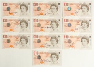 Century of Centuries. Ten original Bank of England &pound;10 bank notes with consecutive serial numbers, each individually signed in black ink by a player who has achieved the feat of one hundred first-class centuries. Signatures are Tom Graveney, John Edrich,