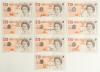 Century of Centuries. Ten original Bank of England &pound;10 bank notes with consecutive serial numbers, each individually signed in black ink by a player who has achieved the feat of one hundred first-class centuries. Signatures are Tom Graveney, John Edrich,