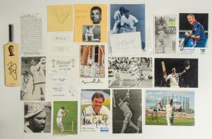 Cricket ephemera. Selection of signed and unsigned ephemera including photographs, programmes, trade cards, magazine pictures, stamps, paper pieces etc. Signatures include Haynes Walcott, Gavaskar, Zaheer, Boycott, J. Anderson, Cowdrey, S&M Waugh, M. Tayl