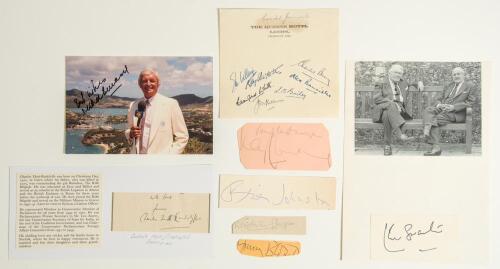 Cricket authors, journalists, illustrators and broadcasters signatures 1960s/ 1970s. A small page of Queens Hotel, Leeds, headed note paper nicely signed in ink by seven including E.M. Wellings, Roy Ullyett, Crawford White, Charles Bray, Alex Bannister, L