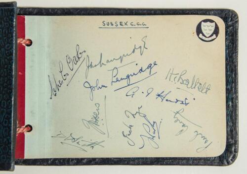 County signatures c.1948. Autograph album comprising pages signed by County teams. Over seventy signatures in total comprising Sussex (10 signatures), Worcestershire (15), Northamptonshire (10), Glamorgan (13), Yorkshire (4), Surrey (6), Middlesex (10), E