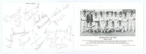 &lsquo;Indian Cricket Team World Cup 1979&rsquo;. Official greetings card with printed title to the front and mono Stamp Publicity team postcard laid down to inside. Signed to the inside &lsquo;Autographs&rsquo; page by fifteen members of the touring party. Signatures include Ve