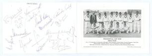 &lsquo;Indian Cricket Team World Cup 1979&rsquo;. Official greetings card with printed title to the front and mono Stamp Publicity team postcard laid down to inside. Signed to the inside &lsquo;Autographs&rsquo; page by fifteen members of the touring party. Signatures include Ve