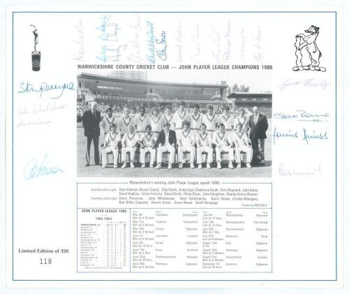 Cricket advertising and promotional cards. Large blue file comprising nine items, some signed. Signed items include a limited edition print of the Warwickshire team, winners of the 1980 John Player League, signed to the borders by twenty players (fading a