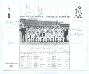 Cricket advertising and promotional cards. Large blue file comprising nine items, some signed. Signed items include a limited edition print of the Warwickshire team, winners of the 1980 John Player League, signed to the borders by twenty players (fading a