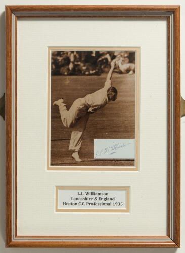 Leonard Litton Wilkinson. Lancashire & England. Mounted, framed and glazed photographic image of Wilkinson bowling with ink signature on paper piece attached. 7.5&rdquo;x11&rdquo;. Sold with a modern postcard of the pavilion at Trent Bridge signed by Wilkinson to the