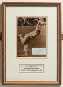 Leonard Litton Wilkinson. Lancashire & England. Mounted, framed and glazed photographic image of Wilkinson bowling with ink signature on paper piece attached. 7.5&rdquo;x11&rdquo;. Sold with a modern postcard of the pavilion at Trent Bridge signed by Wilkinson to the