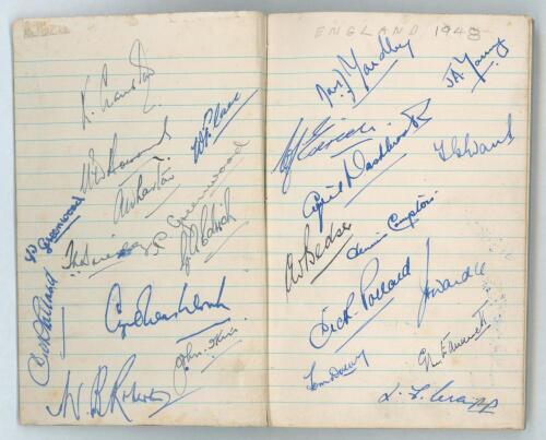 England and Lancashire 1948. Lined note book signed to internal pages by the England team who played the Australians at Old Trafford in the 3rd Test of 1948 to one page and the Lancashire team of 1948 to the other. Signatures include Norman Yardley (Engla