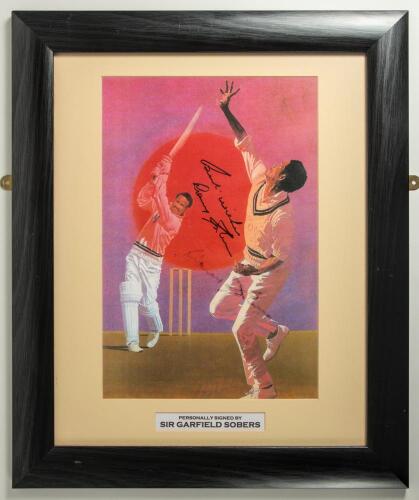 Famous Test Cricketers. A colour image of Garry Sobers batting, signed by him, similar to the The Lord&rsquo;s Taverners Fifty Greatest&rsquo; image, a large colour limited edition print of David Gower batting, entitled &lsquo;The Batsman&rsquo;, signed by him and the artist Man