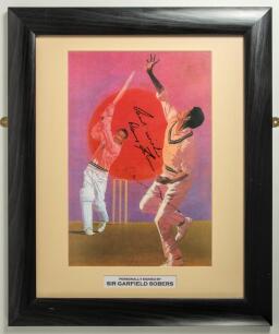 Famous Test Cricketers. A colour image of Garry Sobers batting, signed by him, similar to the The Lord&rsquo;s Taverners Fifty Greatest&rsquo; image, a large colour limited edition print of David Gower batting, entitled &lsquo;The Batsman&rsquo;, signed by him and the artist Man