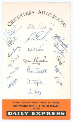 Ken Barrington, Surrey & England, Benefit Year 1964. A Daily Express &lsquo;Cricketers&rsquo; Autographs&rsquo; card nicely signed by eighteen Surrey players. Signatures include Barrington, Edrich, Willett, Sydenham, Tindall, Stewart, Smith, Long, Edwards, McIntyre, Roope,