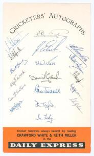 Ken Barrington, Surrey & England, Benefit Year 1964. A Daily Express &lsquo;Cricketers&rsquo; Autographs&rsquo; card nicely signed by eighteen Surrey players. Signatures include Barrington, Edrich, Willett, Sydenham, Tindall, Stewart, Smith, Long, Edwards, McIntyre, Roope,