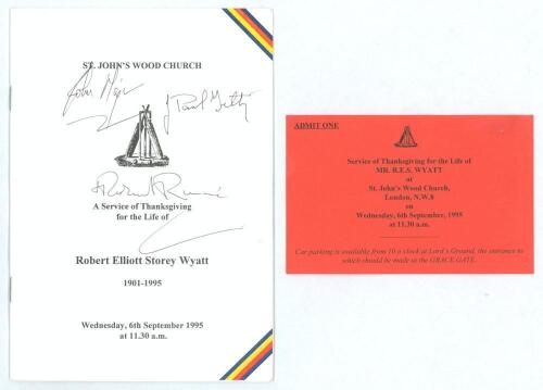 Robert Elliott Storey Wyatt. Warwickshire, Worcestershire, England etc. 1923-1957. Official order of service for the Service of Thanksgiving held at St. John&rsquo;s Wood Church, 6th September 1995. Signed to the front cover by John Major, J. Paul Getty and Rob