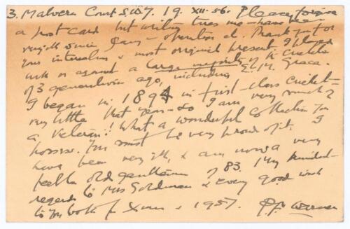 Pelham Francis &lsquo;Plum&rsquo; Warner. Middlesex, Oxford University & England 1894-1920. Plain postcard from Warner to the collector, Joe Goldman, dated 19th December 1956. In a very poignant message, Warner begs forgiveness for sending &lsquo;a postcard but writing tir