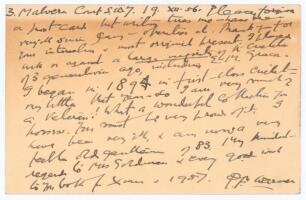 Pelham Francis &lsquo;Plum&rsquo; Warner. Middlesex, Oxford University & England 1894-1920. Plain postcard from Warner to the collector, Joe Goldman, dated 19th December 1956. In a very poignant message, Warner begs forgiveness for sending &lsquo;a postcard but writing tir