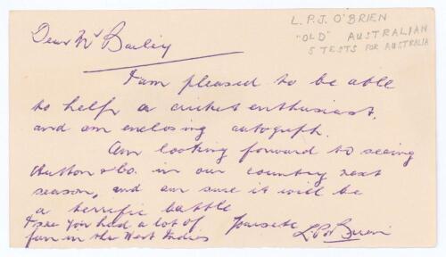 Leo Patrick Joseph O&rsquo;Brien. Victoria & Australia 1929-1938. Short handwritten note in blue biro from O&rsquo;Brien to &lsquo;Dear Mr Bailey&rsquo;. The note is undated but probably written in 1954. Replying to a request for his autograph, O&rsquo;Brien writes &lsquo;Am looking forward
