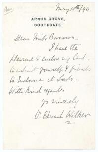 Vyell Edward Walker. Middlesex 1859-1877. Single page handwritten note in ink from Walker to &lsquo;Miss Burrows&rsquo;, dated 10th May 1894. Written on Arnos Grove, Southgate headed paper, Walker writes &lsquo;I have the pleasure to enclose my card to admit yourself & fri