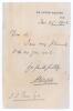 Alexander Josiah Webbe. Middlesex, Oxford University & England 1875-1900. Single page handwritten note in ink dated 25th January 1902. Webbe is replying to a request for his autograph. Nicely signed &lsquo;A.J. Webbe&rsquo;. The page trimmed, some age toning, adhesiv