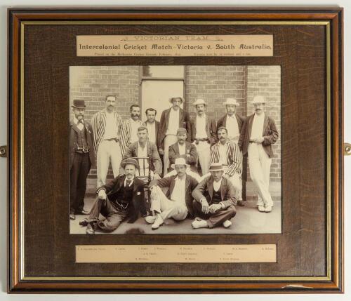 &lsquo;Intercolonial Cricket Match- Victoria v South Australia 1895&rsquo;. Excellent mono photograph of the Victorian team, secretary and umpire who played against South Australia in the Sheffield Shield match at Melbourne in February 15th-19th 1895. The Victorian t