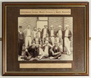 &lsquo;Intercolonial Cricket Match- Victoria v South Australia 1895&rsquo;. Excellent mono photograph of the Victorian team, secretary and umpire who played against South Australia in the Sheffield Shield match at Melbourne in February 15th-19th 1895. The Victorian t