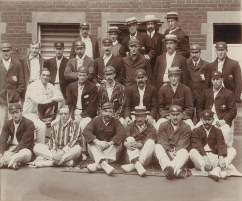 Australian tour of England 1905. &lsquo;England v Australia, 5th Test, The Oval 1905&rsquo;. Excellent large sepia photograph of the two teams, standing and seated in rows, the majority wearing blazers, caps and boaters, with the two Captains, F.S. Jackson and Joe Da