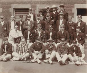 Australian tour of England 1905. &lsquo;England v Australia, 5th Test, The Oval 1905&rsquo;. Excellent large sepia photograph of the two teams, standing and seated in rows, the majority wearing blazers, caps and boaters, with the two Captains, F.S. Jackson and Joe Da