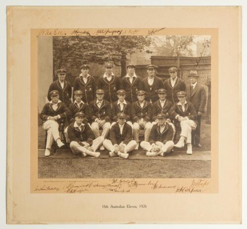 Australia tour of England 1926. Impressive official sepia photograph of the Australian team who toured England in 1926, seated and standing in rows, wearing cricket attire and all dressed in their touring caps and blazers. The photograph, by T. Bolland of