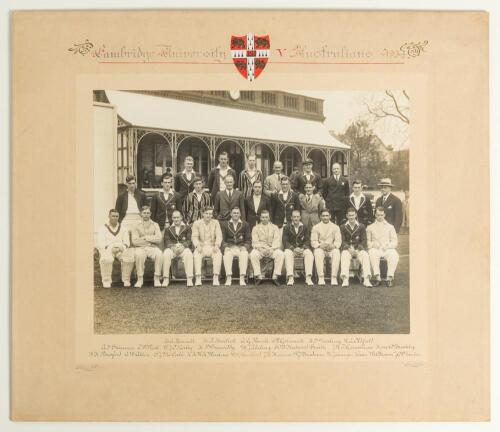 Australia tour to England 1934. &lsquo;Cambridge University v Australians 1934&rsquo;. Original large mono photograph of both teams, seated and standing in rows wearing cricket attire and assorted blazers, for the match played at Fenner&rsquo;s 9th- 11th May 1934. Australi