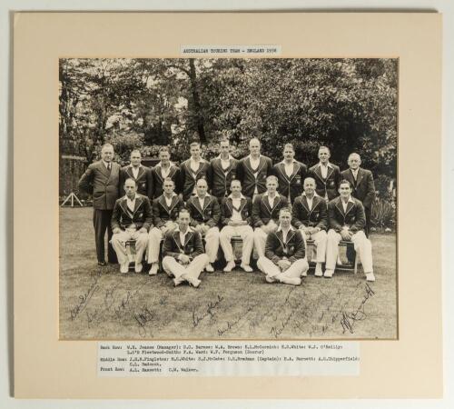 Australian tour of England 1938. Impressive official mono team photograph of the Australian touring party, seated and standing in rows, wearing cricket attire and wearing tour blazers. The photograph, by Sport & General, nicely signed in black ink by seve